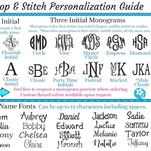 May include: A guide to hoop and stitch personalization options. The guide includes single initial designs, three initial monogram designs, and full name fonts. The guide also includes a color chart of thread colors available for customization.