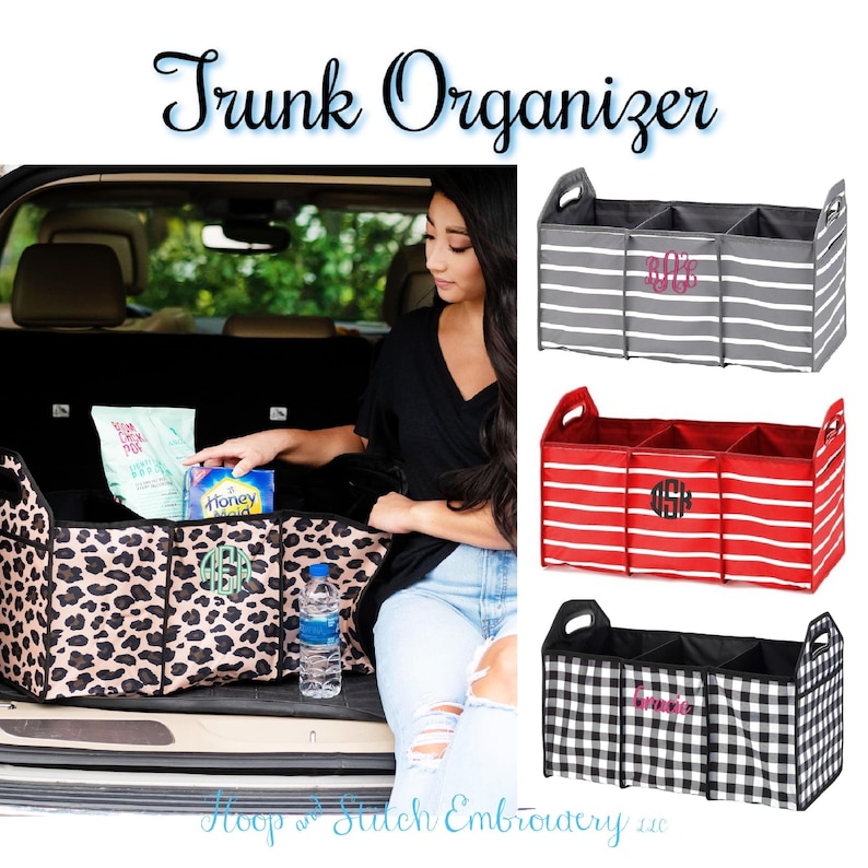 Trunk organizer in the style of gray with white stripe, red with white stripe, black and white buffalo check, or leopard pattern with name or monogram embroidered in the font and color of your choice.