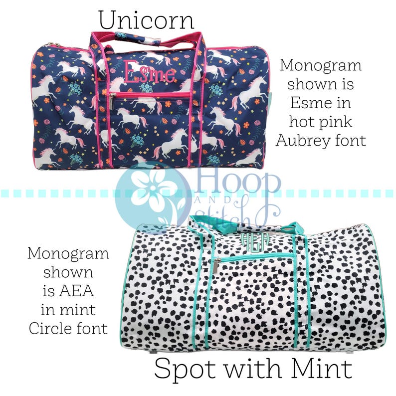 May include: Two duffel bags. The top bag is navy blue with a unicorn pattern and pink trim. The bottom bag is white with black spots and mint green trim. The top bag has the name "Esme" embroidered on it.