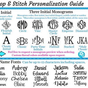 May include: A guide to personalization options for embroidery projects. Includes examples of single initials, three-initial monograms, and full name fonts. Features various font styles and a color chart for thread selection. The text reads "Hoop & Stitch Personalization Guide."