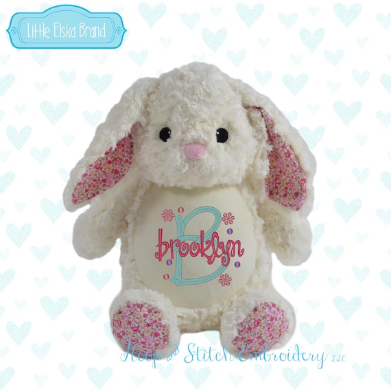 White Floral Bunny Personalized Plush, Little Elska Bunny Stuffie, Personalized Bunny Animal, Personalized Stuffed Animal,Little Elska Bunny