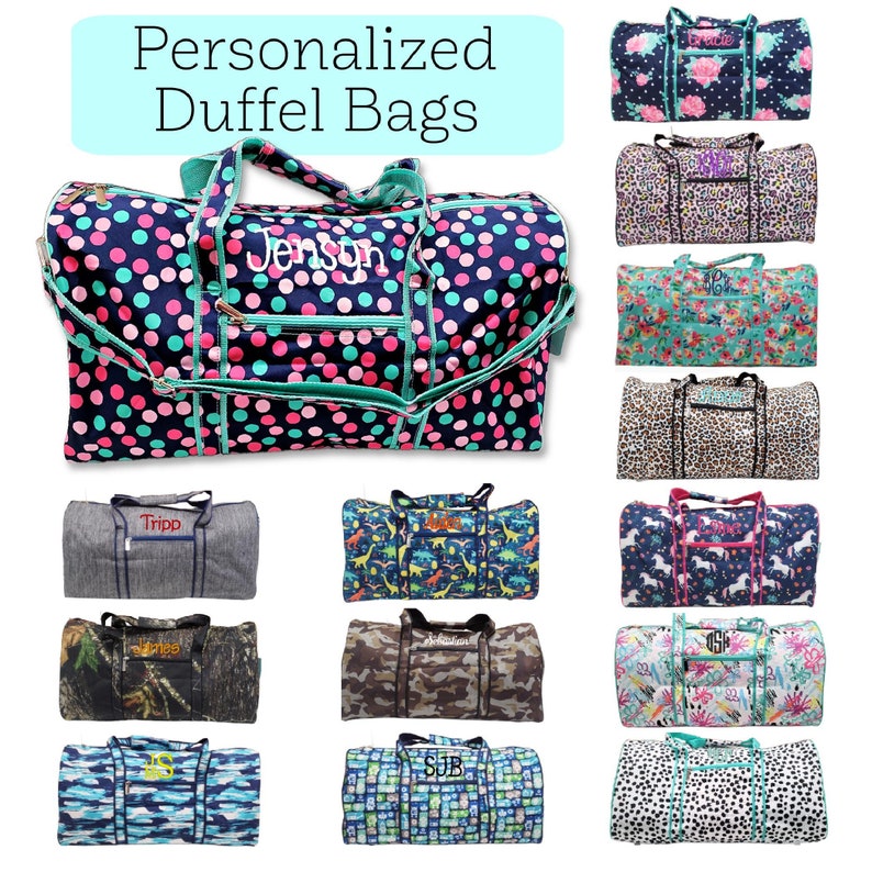 Patterned duffel bag to include the name or monogram in thread color of your choice, patterns include floral, leopard, camo, unicorn, spot, robot, dinosaur, and solids