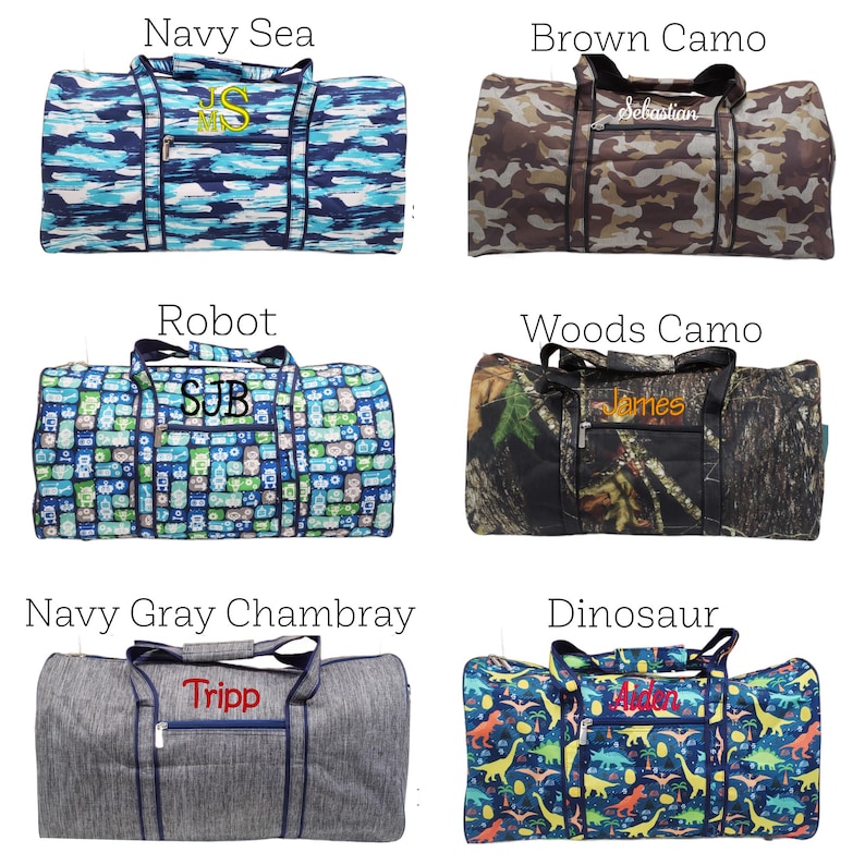 May include: Six duffel bags with various patterns and text. Designs include blue and white brushstrokes, brown camouflage, robot graphics, woodland camouflage, gray chambray, and dinosaur illustrations. Each bag has a different name embroidered on it.