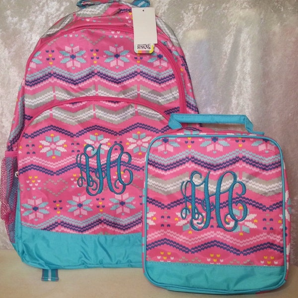 Personalized Backpack Set, Aztec Backpack, Monogram Backpack and Lunch Bag Combo Set with Monogram in Hot Pink and Aqua Aztec