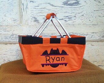 Halloween Bat Mini Market Tote,  Halloween with Glitter Bat Applique, Personalized Trick or Treat Bag, Monogram for Boys or Girls