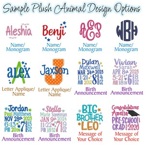 May include: A variety of plush animal design options are displayed, including names, monograms, letter appliques, birth announcements, and messages. The designs feature various fonts and colors, with some including star and heart accents. The image text says "Sample Plush Animal Design Options."