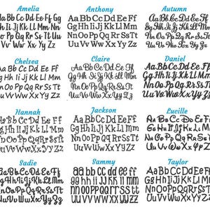 May include: A collection of embroidered alphabet fonts, each with a unique style. The fonts are displayed in rows, with names like "Adam," "Amelia," and "Anthony" above each style. The letters are in various sizes and styles.