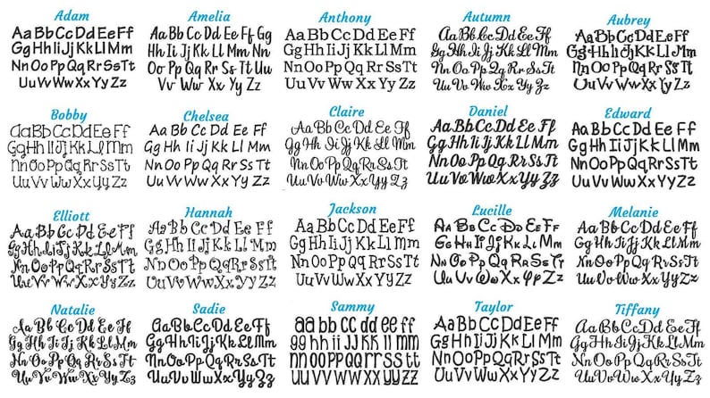 May include: A collection of embroidered alphabet fonts, each with a unique style. The fonts are displayed in rows, with names like "Adam," "Amelia," and "Anthony" above each style. The letters are in various sizes and styles.