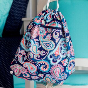 Aqua Pink Tile Gym Bag Viv & Lou®, Navy Orange Paisley Gym Bag, Drawstring School Bag, Draw String Tote, Personalized Drawstring Tote
