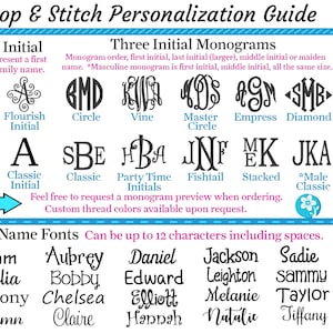 Pu&ograve; includere: Una guida per il ricamo personalizzato, con vari stili di monogrammi e caratteri per nomi completi. Include esempi di iniziali singole, monogrammi a tre iniziali e caratteri per nomi completi. Una tabella dei colori a destra mostra le opzioni di colore del filo.
