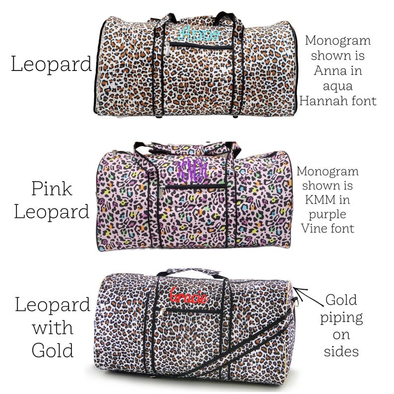 May include: Three duffel bags with leopard print patterns. One is classic leopard print with aqua embroidery, another is pink leopard print with purple embroidery, and the third is leopard print with gold piping and red embroidery.
