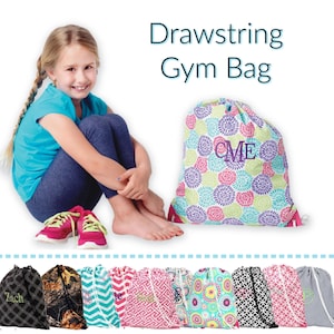 May include: A drawstring gym bag with a colorful floral pattern in pink, purple, green, and blue. The bag has a monogram with the letters "CME". The image also shows a young girl and several other gym bag designs.