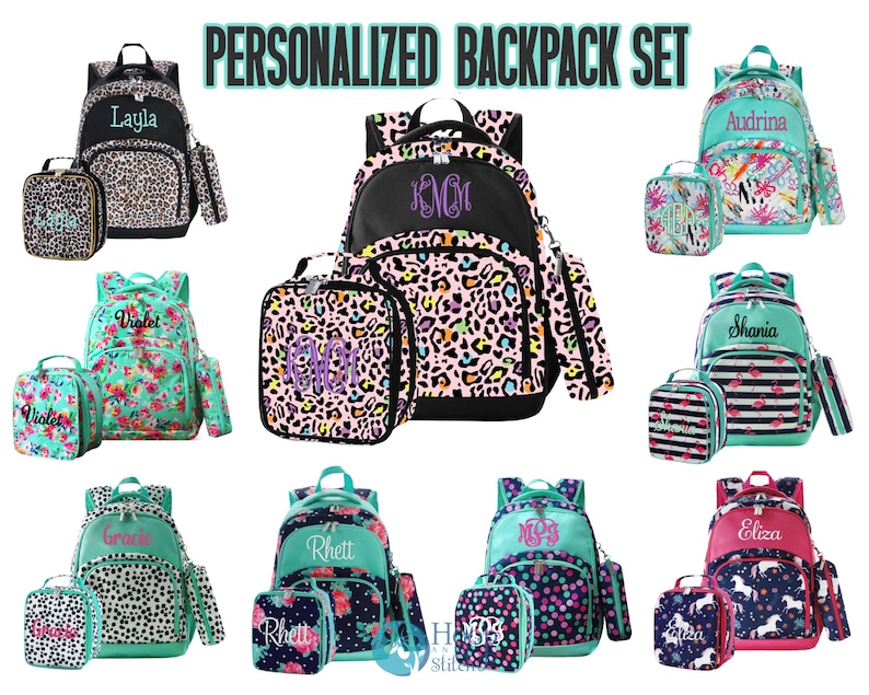 Personalized backpack sets with name or monogram in assorted colors, patterns include green floral, stripe with flamingo, painted floral, leopard, pink leopard, unicorn, black spot, dottie or peony patterns