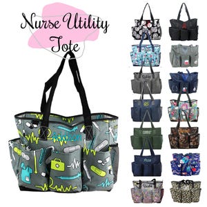 May include: A grey utility tote bag featuring a medical-themed print with syringes, bandages, and scrubs, accented by black handles and exterior pockets. The text Nurse Utility Tote is displayed above, with the name Addison embroidered on the front.