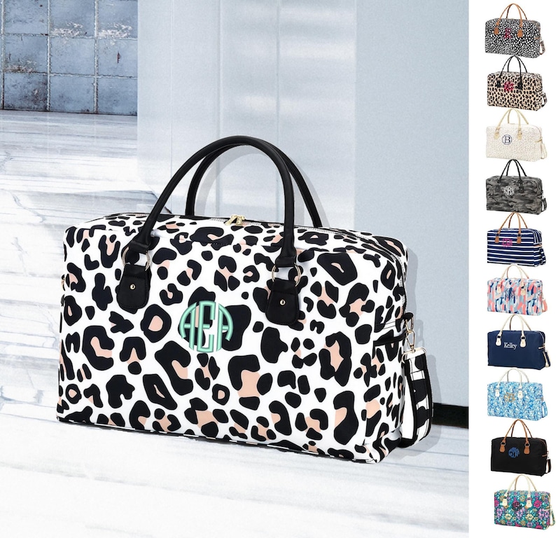 Bolsa de fin de semana personalizada Viv & Lou®, bolsa de fin de semana azul marino, bolsa de viaje con estampado de leopardo, bolsa de fin de semana Maya, bolsa de viaje con monograma negro, bolsa de noche, bolsa de fin de semana