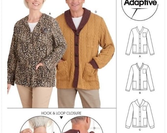 May include: Simplicity sewing pattern S9488 for an adaptive cardigan with hook and loop closure. The pattern includes instructions for a cardigan with a cable knit design and a contrasting collar. The pattern is easy-to-sew and designed and printed in the USA.