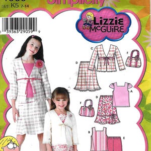May include: Simplicity sewing pattern number 4669 for sizes 7-14. The pattern includes instructions and templates for making a variety of clothing items, including a jacket, skirt, top, and pants. The pattern features a pink and white plaid design and is inspired by the Disney Channel show "Lizzie McGuire".