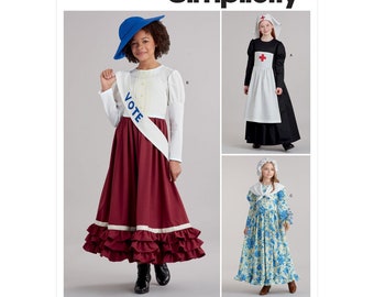 Girls' Historic Nurse, Suffragette & Frontier Costumes w/ Face Covers, Sewing Pattern by Simplicity S9352,  Child's Size 7-14