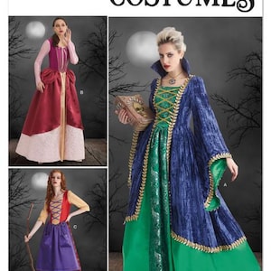 May include: Simplicity S9166 sewing pattern for costumes featuring three distinct designs. View A is a blue and green gown, View B is a pink and red dress, and View C is a red, yellow, and purple outfit with a plaid skirt and a broom accessory.