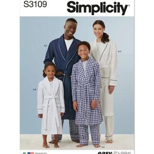 May include: Simplicity sewing pattern S3109 featuring instructions for robes. The cover displays three individuals wearing different versions of the robe: one in solid navy blue, one in solid white, and one in a blue and white gingham check pattern.