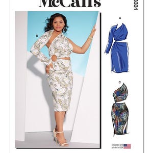 May include: McCall's pattern M8331 for a dress with a cut-out detail. The dress is shown in three variations: a white dress with a floral print, a blue dress, and a multi-colored dress with a print.