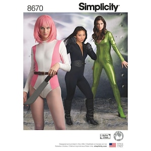 May include: A Simplicity sewing pattern for a costume with three different styles. The first style is a pink and white jumpsuit with a belt and a knife. The second style is a black jumpsuit with a belt. The third style is a green jumpsuit with a scaly texture. The pattern number is 8670.