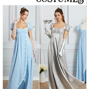 May include: Simplicity S3263 sewing pattern for costumes featuring two floor-length empire waist dresses with puff sleeves and square necklines. One dress is light blue with a floral trim, and the other is metallic silver with matching gloves.