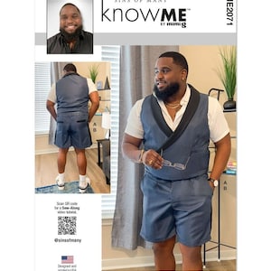 May include: A sewing pattern for a blue vest and shorts set with a black lapel. The pattern is called "knowME" by mimig and is from Sins of Many. The pattern includes a QR code for a sew-along video tutorial.