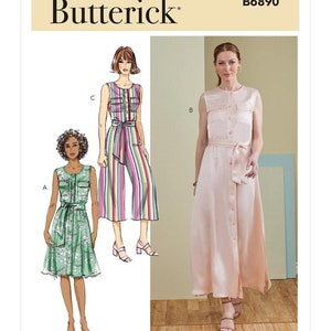 May include: A sewing pattern for a sleeveless dress with a button-up front and a tie belt. The pattern includes three variations: a short dress with a floral print, a long dress in a solid color, and a jumpsuit with a striped pattern. The pattern is from Butterick and has the number B6890.