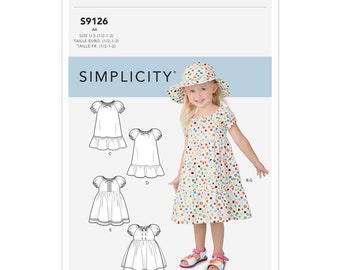 DARLING TODDLER DRESSES with Hat, Six Made Easy, Pattern by Simplicity 9126, Size Baby 1/2, 1,2 and Toddler  2,3,4