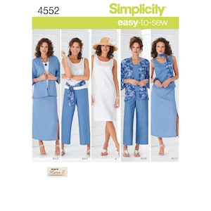 May include: A sewing pattern for women's clothing, Simplicity pattern number 4552, easy-to-sew. The pattern includes a white sleeveless dress, a blue skirt with a side slit, blue pants, and a blue top with a floral print.