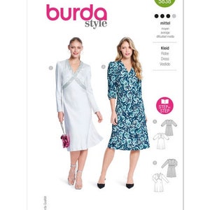 May include: Burda Style sewing pattern number 5838 for a dress. The pattern includes instructions for making a white dress with a lace trim and a blue floral print dress. The pattern is labeled "mittel" which means "medium" in German.