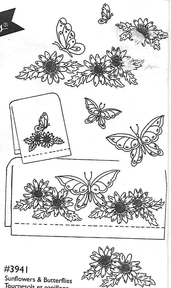 Sunflowers and Butterflies, Pattern Aunt Martha's 3941, Hot