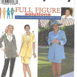 May include: A sewing pattern for a jacket and skirt set. The pattern is for sizes 18W-24W. The pattern is called "Full Figure Solutions" and is by Mary Duffy. The pattern is for a jacket and skirt set. The jacket is a long, fitted jacket with a collar and buttons. The skirt is a knee-length skirt with a straight silhouette.
