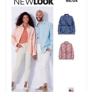 May include: Two people are modeling different styles of jackets. The woman is wearing a light pink jacket with a white shirt underneath. The man is wearing a light blue shirt with a white shirt underneath. The jackets are both long-sleeved and have a button-up closure. The jackets are both patterned with a floral design. The text "NEWLOOK" and "N6724" is visible at the top of the image.
