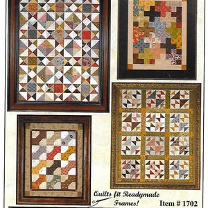 May include: Four framed quilt patterns, each with a different design. The quilts are made with a variety of fabrics in shades of brown, red, white, and green. The text "Fit to Frame: Set Two" is at the top of the image. The text "Quilts fit Readymade Frames!" is at the bottom of the image. The text "From my heart to your hands" is at the bottom of the image. The text "Quilt Designs by Lori Smith" is at the bottom of the image. The text "www.frommyhearttoyourhands.com" is at the bottom of the image. The text "May the creations of my hands warm your heart." is at the bottom of the image.