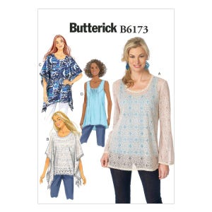 May include: A sewing pattern for four different tops, labeled A, B, C, and D. The pattern is from Butterick and the pattern number is B6173. The tops are all different styles, with some being loose fitting and others being more fitted. The tops are all in different colors and patterns.