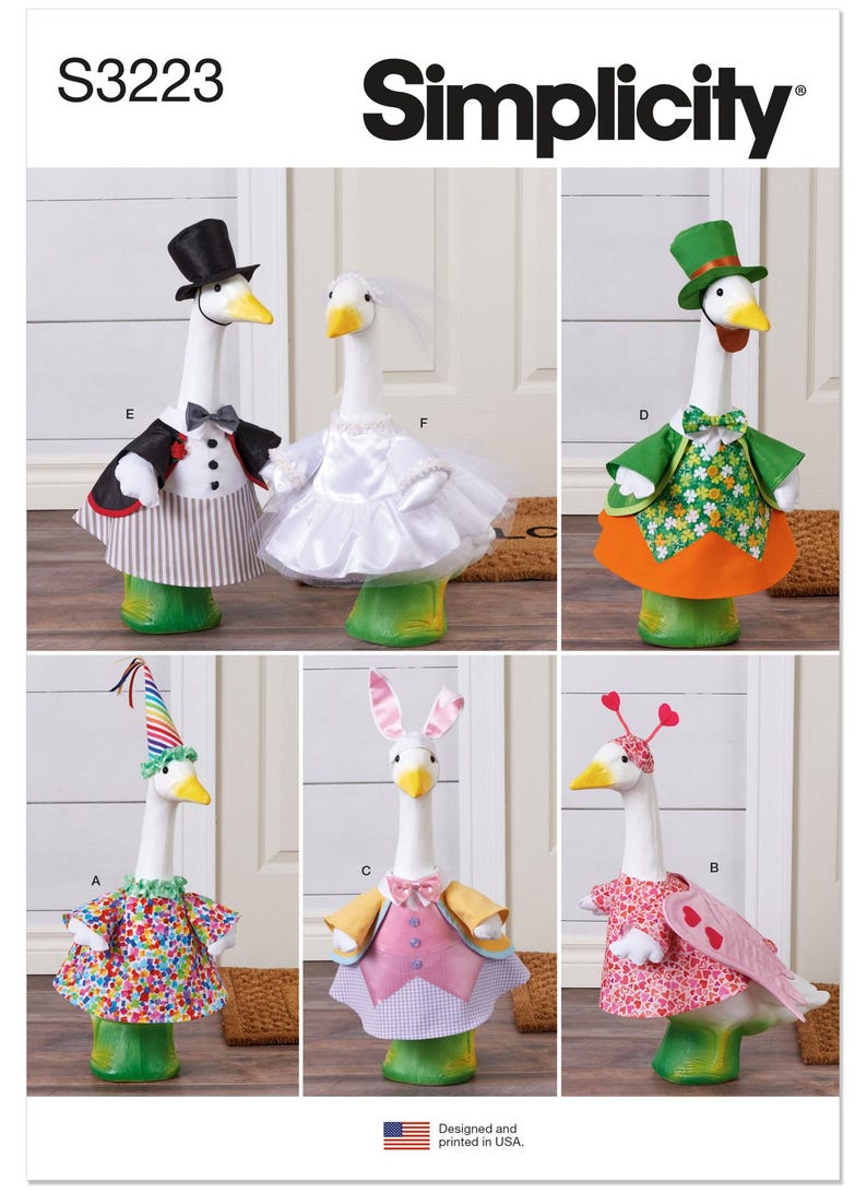 May include: Simplicity pattern S3223 features goose-shaped decorations in various costumes. The geese are dressed as a bride, groom, leprechaun, and Easter bunny. The costumes include hats, dresses, and bow ties. The pattern is designed and printed in the USA.