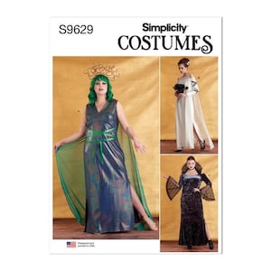 May include: Simplicity Costumes sewing pattern S9629 for three different costumes: a green and blue goddess gown with a snake headpiece, a white gown with a long sleeve cape, and a black velvet gown with lace sleeves.