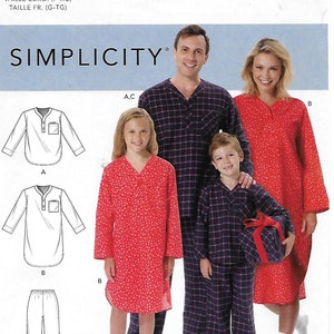 May include: Simplicity pattern R10698 for children's and adult sleepwear. The pattern includes long-sleeved nightshirts and pajama sets. The family is wearing the sleepwear in the image. The sleepwear is in red with white polka dots and blue plaid.