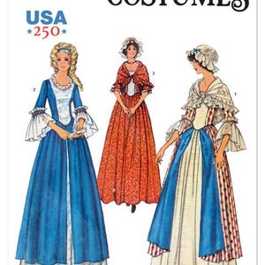 May include: Simplicity Costumes pattern featuring three historical dresses. The dresses are in blue, red, and white, with details like ruffled sleeves and bonnets. The pattern is marked "USA 250".
