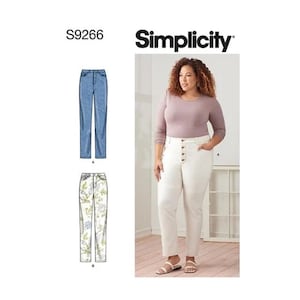 May include: Simplicity sewing pattern S9266 for pants. The pattern includes two styles: a pair of blue denim jeans and a pair of white jeans with a button-up front.