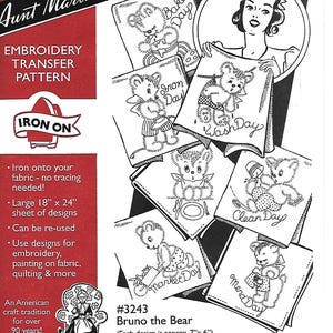 Bruno the Bear, Pattern Aunt Martha&#39;s #3243,Days of the Week, Hot Iron On Embroidery Transfer