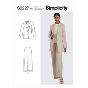 May include: A sewing pattern for a blazer and pants. The pattern is for sizes US 8-16, EU 34-42, and FR 36-44. The pattern is called Simplicity S9227 K5.