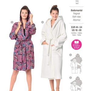 May include: A fashion magazine cover featuring two hooded bathrobes. One is white, the other is a mauve floral print. The magazine title "burda style" is at the top. The text "Bath robe" and size information are also visible.