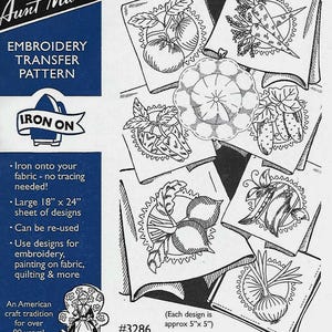 May include: An embroidery transfer pattern featuring various vegetable motifs, including tomatoes, carrots, and onions. The designs are approximately 5" x 5" and can be used for embroidery, painting, and quilting. The sheet of designs is 18" x 24".