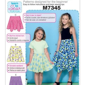 May include: McCall's sewing pattern M7345 for skirts. The pattern includes instructions for beginner sewers. The image shows examples of the finished skirts in pink, yellow, blue, and purple. The text says "Easy to sew, no zipper!"
