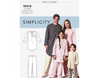 SLEEPWEAR, Misses', Men's & Children's Tunic and Pants, Easy to Sew Simplicity Pattern S9218, Size S-XL