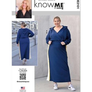 May include: A navy blue hooded dress sewing pattern by Know Me. The dress features a wrap-style bodice, a drawstring waist, and a side panel with a yellow stripe. The pattern includes a photo of the finished garment and the designer, Alisha Grace.