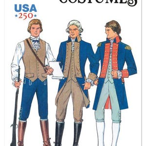 May include: Simplicity Costumes pattern featuring three illustrations of historical outfits. The costumes include blue coats, vests, breeches, and boots. The pattern is labeled S3227 and includes the text "USA 250".